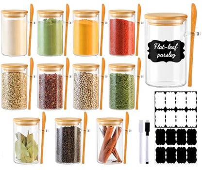 TBWIND 12 Pack 8 oz Round Glass Spice Jars with Lids and Spoons – Airtight Small Spice Containers Set with Labels, Clear Glass Storage Jars for Seasoning, Spices, Kitchen Pantry Organization - color: Round/8oz/12pcs/Spoon