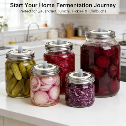 Stainless Steel Fermentation Lids with Date Tracker & Airlock for 16/24/32/64Oz Wide Mouth Mason Jars, Food Grade Stainless Steel Fermentation Kit for Pickling, Kimchi, Kombucha & Sauerkraut - color: stainless steel