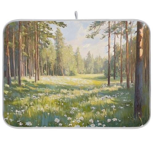 Pine Tree Field Dish Drying Mat for Kitchen Counter Super Absorbent Draining Mat with Non-slip Backed Sink Tray Mat for Dish Bottles Cups Bowl Countertops Sinks Draining Racks