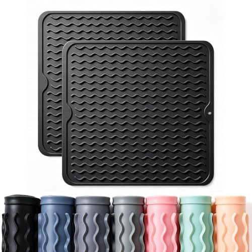 2 Pack Caketime Silicone Dish Drying Mat for Kitchen Counter Under Sink Protector Organizers Cooking Baking Espresso Machine Accessories Coffee Mats Appliance Stone Rack Trays Drain 12"x12" Black - color: Black, size: 12"*12"