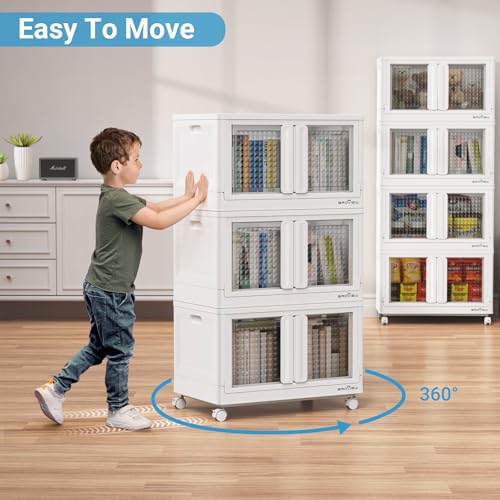 BROVIEW 300Qt Plastic Foldable Storage Bins with Lids & Doors, 75Gal Stackable Closet Organizer and Storage Drawers with Wheels, Collapsible Storage Cabinet, Shelves for Home Kitchen, V10 3Pack White