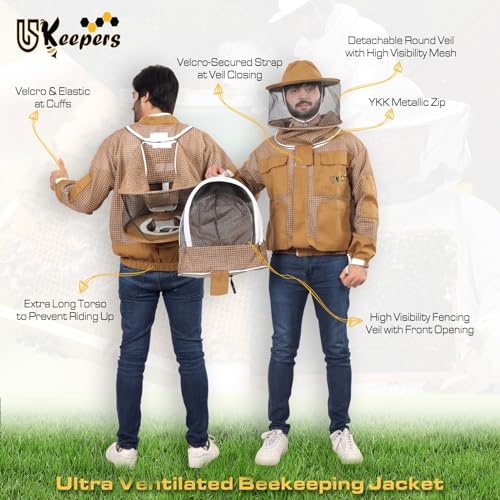 3 Layer Ventilated Sting Proof Bee Jacket for Men & Women, Premium Beekeeping Jacket with Gloves & Two Beekeeper Veils. (Brown J/S) - color: Brown, size: Small