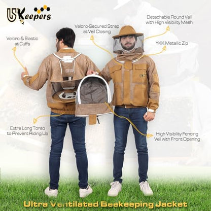 3 Layer Ventilated Bee Jacket for Men & Women, Premium Sting Proof Beekeeping Jacket with Gloves & Two Beekeeper Veils. (Brown J/L) - color: Brown, size: Large