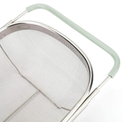 AJIODA Over The Sink Colander, 6 Quarts Stainless Steel Oval Colander with Expandable Rubber Grip Handle, Fine Mesh Strainer Baskets Kitchen Colanders for Strain, Drain, Rinse Vegetables, Mint Green - color: Mint Green, size: Large