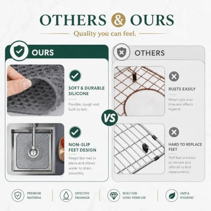 Silicone Sink Mat for Kitchen, Honeycomb Design Drain Protector for Bottom of Stainless Steel Sink, Anti-Scratch & Non-Slip, Heat Resistant Dish Drying Rack, Grey