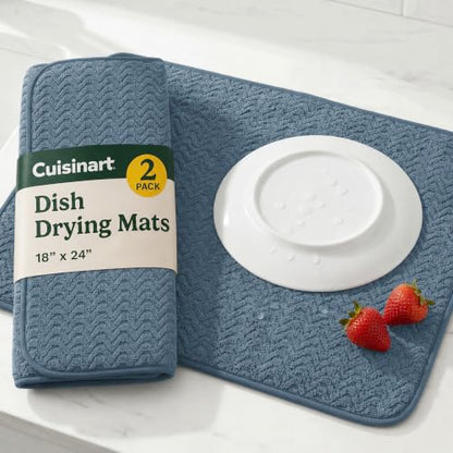Cuisinart Dish Drying Mat for Kitchen Counter - 2-Pack XL 18x24 Ultra Absorbent Microfiber Dish Mat - Fast Drying, Machine Washable, Foldable Countertop Pad - Safe for Granite & Quartz - color: Geostripe Medium Blue