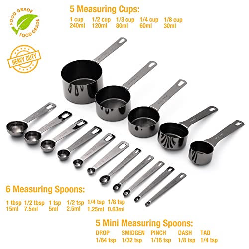 16 Pcs Stainless Steel Measuring Cups & Spoons Set, Black | Heavy Duty Metal, 5 Cups, 6 Tbsp Tsp Spoons, 5 Mini Spoons, For Kitchen Cooking Baking - color: B - Gunmetal, size: 16pcs