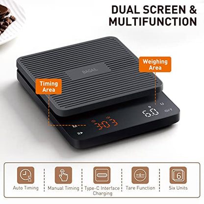 BAGAIL Coffee Scale with Timer, 0.1g/3kg Precision | For Drip Espresso & Pour Over, Rechargeable, Clear LED Display, Auto Tare, Waterproof Silicone Cover, Charging Cable Included