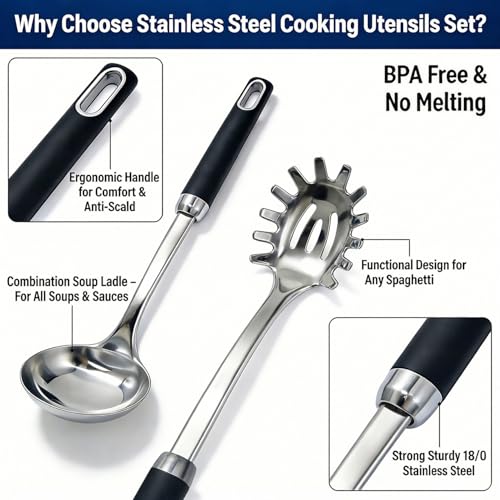 Stainless Steel Soup Ladle and Spaghetti Spoon Set, 2Pcs Heat Resistant & Non Slip Rubber Handle Set, Dishwasher Safe, Kitchen Cooking Utensils Set for Soup and Sauce