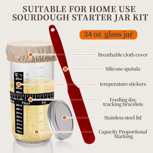 Sourdough Starter Kit, 34oz Large Sourdough Starter Jar Glass 2Pack, Sourdough Bread Baking Supplies, Fermentation Jar Bread Making Tools, Wide Mouth Glass Jar for Sourdough Bread Loaf Flour