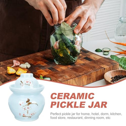 ABOOFAN Ceramic Chinese Pickle Jar with Double Lids 2.5l Blue Plum Pattern Sealed Fermenting Crock for Kimchi Sauerkraut Vegetable Storage Kitchen Use