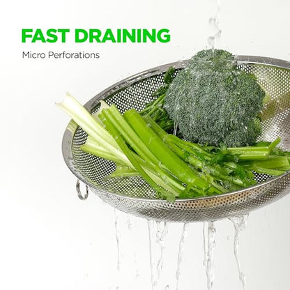Shallow Stainless Steel Colander Set of 3 – Micro-Perforated Tray Strainers for Berries Vegetables Fruit, 18/8 304 Low Profile (2, 3, 4 Qt) Self-Draining Base, Dishwasher Safe, Made in Korea - size: 2+3+4QT Colander