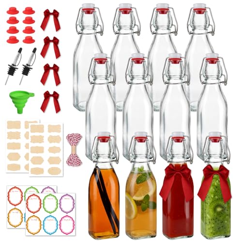 12 Pack 8oz Square Swing Top Glass Bottles – Flip Top Bottles with Stoppers for Vanilla Extract, Kombucha, Kefir, Home Brewing, Fermentation & Gifting, Includes 8 Extra Seals & 2 Pourers