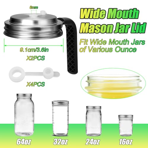 Palksky Mason Jar Lids with Straw Hole Wide Mouth, Stainless Steel Drinking Lid with Handle & Silicone Rings, Spill-Resistant Mason Jar Straw Lid for Iced Coffee, Juice, Lemonade (2 Packs) - style: Wide Mouth Lids with Straw Hole & Handle 2 Packs