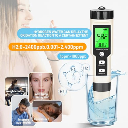 Hydrogen Water Tester 4 in 1 PH,H2,ORP&Temp,pH Meter ORP Meter Hydrogen Tester for Water with ATC & Backlight,Accurate Hydrogen Water ppb/ppm Meter - size: 4 in 1