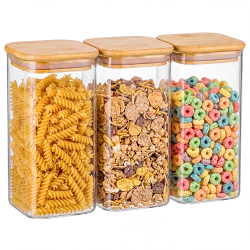 3-Pack 1.6Qt Square Glass Storage Jars with Bamboo Lids | Minimalist Kitchen Organizer,Pantry Storage Container,Food Storage Container,Scandinavian Style Storage,Nordic Style Storage - size: 1.6Qt*3