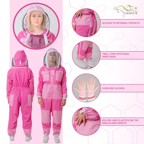 Pink 3 Layer Ventilated Bee Suit for Women | Sting Proof Beekeeping Suit with Fencing Veil, Gloves & Air Mesh Protective Gear (S) - size: Small