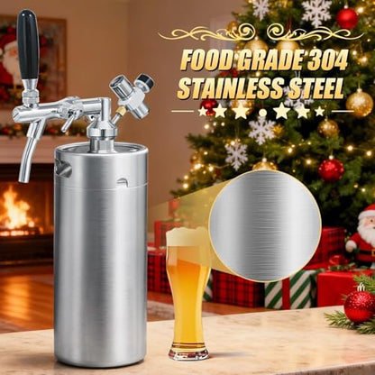 128oz Mini Keg Growler with Adjustable Faucet, Stainless Steel Beer Growler Tap System Upgrade Draft Beer Dispenser System with CO2 Regulator Keep Fresh and Carbonation for Homebrew, Craft