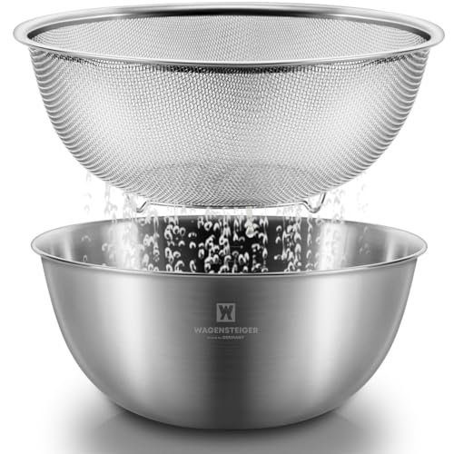 WAGENSTEIGER Stainless Steel Mixing Bowl and 3-Legged Colander Set, Multipurpose Kitchen Basket with Fine Mesh Colander, Salad Mixing Bowl with Strainer, Rinsing Vegetables & Fruits (24cm / 9.45") - size: 9.45 inches