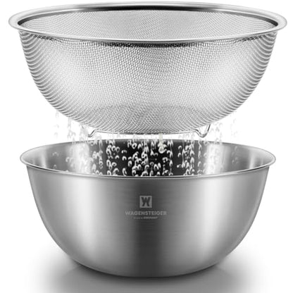 WAGENSTEIGER Stainless Steel Mixing Bowl and 3-Legged Colander Set, Multipurpose Kitchen Basket with Fine Mesh Colander, Salad Mixing Bowl with Strainer, Rinsing Vegetables & Fruits (24cm / 9.45") - size: 9.45 inches