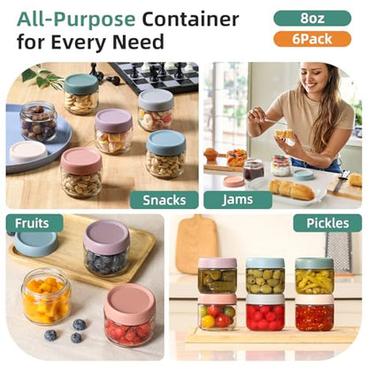 NETANY 6-pack 8oz Glass jars with Airtight Lids, Overnight Oats Containers with Lids, Wide mouth Mason Salad jars, Glass Food Storage Containers for Snacks Yogurt Spice Sugar - size: 8oz