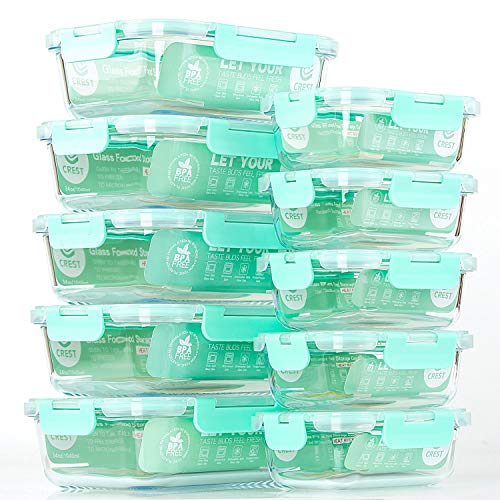 C CREST [10-Pack] Glass Food Storage Containers with Lids, Airtight, BPA Free, Meal Prep Containers for Kitchen, Home Use - color: Light Green