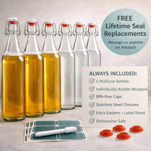 Otis Classic Clear Swing Top Glass Bottles, Plastic Caps, Set of 6, 16oz | Marker & Labels Included, Plastic Cap BPA Free, For Juice, Water, Kombucha, Wine, Beer Brewing, Kefir Milk, Eggnog - color: 1. Clear - Plastic Lids