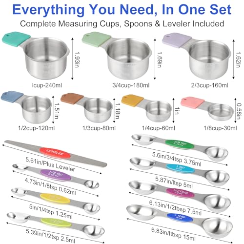Magnetic Measuring Cups & Spoons Set, Patented, Strong N45 Magnets, Heavy Duty Stainless Steel Fits in Spice Jars for Baking & Cooking, Round Set of 15 with Leveler Colorful - color: Colorful