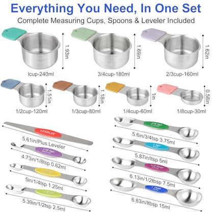 Magnetic Measuring Cups & Spoons Set, Patented, Strong N45 Magnets, Heavy Duty Stainless Steel Fits in Spice Jars for Baking & Cooking, Round Set of 15 with Leveler Colorful - color: Colorful