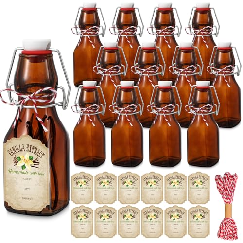 Uiifan 12 Pcs 4 oz Amber Swing Top brown Square Glass Bottles for Vanilla Extract with Caps and Cotton Twines Label Flip Top Glass Bottle for Home Vanilla Brew Oil Beer Tea Supply - color: Amber, size: 4 oz