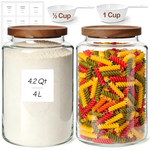 ComSaf 2Pcs (4.2Qt/1Gal) Wide-Mouth Flour Sugar Storage Containers - Include Scoops & Labels, Easy to Scoop & Airtight, Large Glass Jar for Bakers to Store Flour, Rice, and Dry Goods in Kitchen Pantry - size: 4.2Qt*2