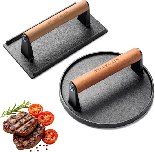 Bellemain Heavy-Duty Cast Iron Grill Press Set – Perfect Smash Burger Press & Steak Tool with Ergonomic Wood Handle for Pro-Level Searing on Griddle, Skillet, or BBQ - size: 7” Round and Rectangle