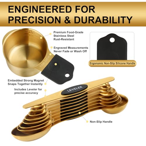 Gold Magnetic Measuring Cups & Spoons Set of 16, 7 Stainless Steel Measuring Cups, 8 Double-Sided Measuring Spoons & 1 Leveler, Premium Finish Baking Tools Kitchen Gadget for Dry & Liquid Ingredients - color: Gold