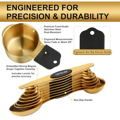 Gold Magnetic Measuring Cups & Spoons Set of 16, 7 Stainless Steel Measuring Cups, 8 Double-Sided Measuring Spoons & 1 Leveler, Premium Finish Baking Tools Kitchen Gadget for Dry & Liquid Ingredients - color: Gold