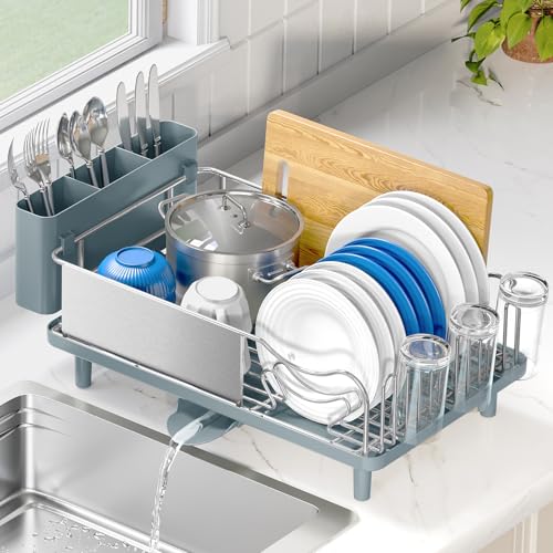 Stainless Steel Dish Drying Rack - Large Capcity 304 Grade Dish Drainer for Kitchen Counter with Drain Board, Utensil Holder & Detachable Cup Shelf, Rustproof Multifunctional Organizer, Pale Blue - color: Pale Blue