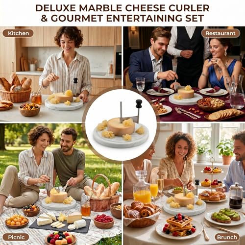 Marble Cheese Curler & Cheese Flower Cutter – Sharp Stainless Steel Blade with Dust Cover & Knife Set for Cheese Flowers, Wheels & Appetizers | Easy to Use & Clean | Gift for Entertaining - color: Marble Base - White