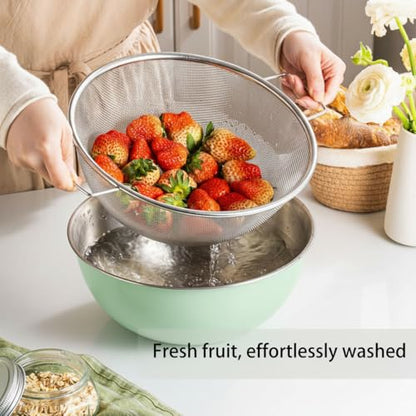 304 Stainless Steel Rice Washing Bowl and 40 Mesh Strainer Set, 3.5QT | 40-mesh strainer helps prevent grain loss while measurement marks and sturdy handles make rinsing and draining easier. - color: Green