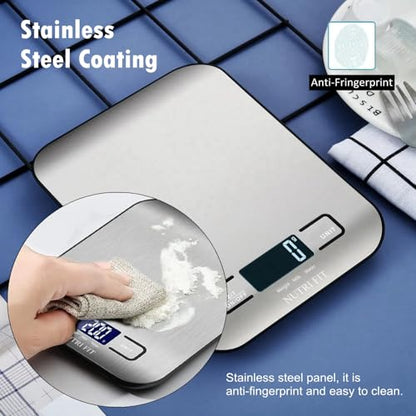Food Scale, Kitchen Scales Digital Weight Food Grams and Ounces for Weight Loss Baking Cooking of NUTRI FIT, Max 11lb 1g Increment, Backlight LCD Smart Tare Stainless Steel, Easy to Use, AAA Battery - color: Silvery Grey