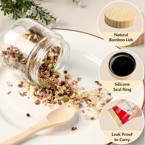 TBWIND 4 Pack 10oz Glass Jars with Bamboo Lids, Spoons, Airtight Overnight Oats Containers, Wide Mouth Mason Jars, Food Storage Container for Yogurt Salad Snacks Spice Sugar Meal Prep – Reusable - color: 10oz-Natural Lids-4 Spoon