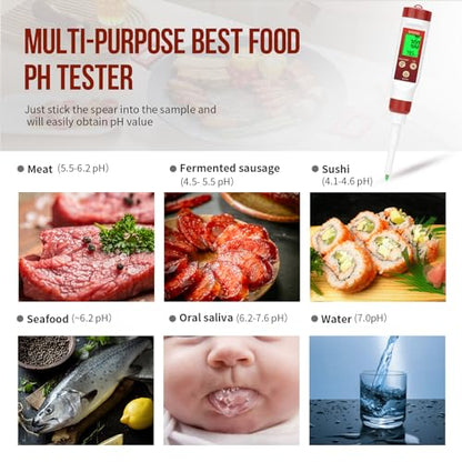 Digital pH Meter for Food Fermentation with pH Calibration Solution | Spear Tip Food pH Tester Fermentation, Hot Sauce Canning, Cheese Cooking Sourdough Bread, Water Resistant, Solid and Water - color: Red