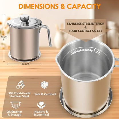 Chihee Grease Container Stainless Steel 2L / 67.6 fl oz Fine Mesh Strainer | Easy to Clean Large Spout Bacon Grease Saver Cooking Oil Keeper Stoarge Can with Dust-proof Lid Non-slip Tray Kitchen Frying - color: Champagne Gold(2L)