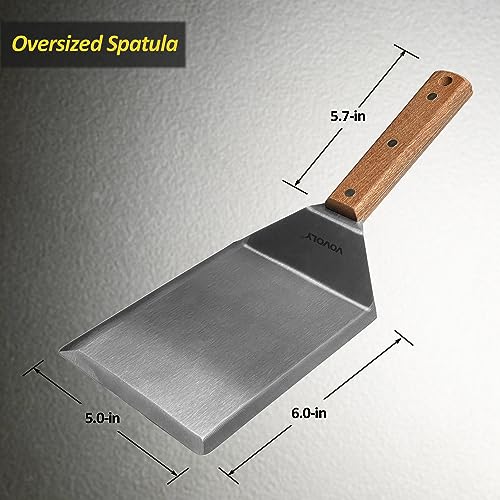 Extra Wide Spatula, Large Metal Spatula with Full Tang Wooden Handle & Beveled Edges for Skillets, Griddles & Grills, Pancake Flipper Turner, Smash Burgers Turner, 6 x 5-inches - size: 5" x 6"