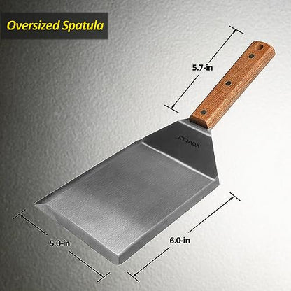 Extra Wide Spatula, Large Metal Spatula with Full Tang Wooden Handle & Beveled Edges for Skillets, Griddles & Grills, Pancake Flipper Turner, Smash Burgers Turner, 6 x 5-inches - size: 5" x 6"