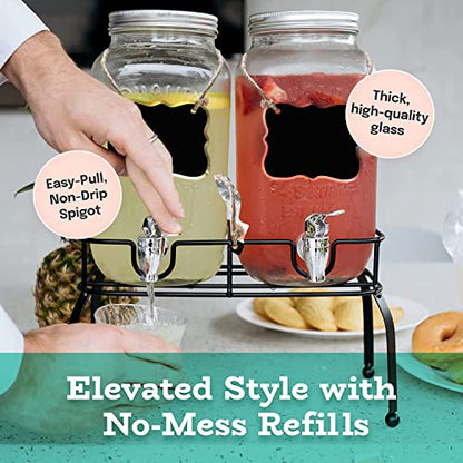 Estilo Glass Drink Dispenser for Parties - Set of 2-1 Gallon Halloween Drink Dispenser with Stand, Glass Water Dispenser Countertop for Weddings, Sun Tea Jar, Lemonade & Laundry Detergent Dispenser - style: Double w/ Stand & Labels