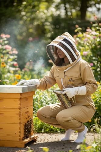 Bee Suit with Fencing Veil One Pair Gloves Polycotton Sting Proof Beekeeping Suit for Beekeeper - color: Khaki, size: Medium
