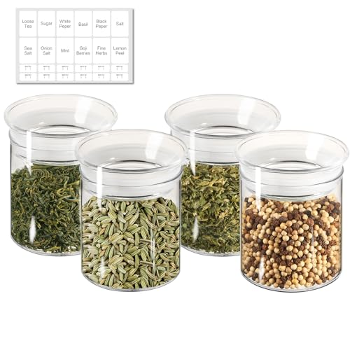 ZENS 10oz Glass Jars with Airtight Lid, 4 Pack Glass Kitchen Canisters Set for Spice, Loose Tea, Small Clear Glass Storage Jars with Labels for Herbs, Sugar - size: 1-10oz 4Pack