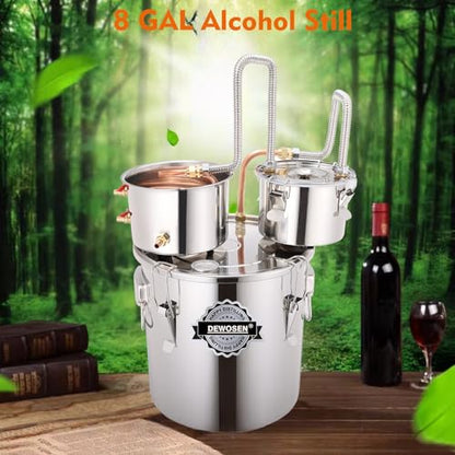 DEWOSEN Alcohol Still 8 Gallon 3 Pots Shine Still Distillery Kit for Alcohol Stainless Copper Tube Complete with Thumper Keg Water Pump Metal Thermometer Airlock Brew Bag Proof Alcoholmeter Test Kit - size: 8GAL/3Pots/Brew Bag & Alcoholmeter Test Kit
