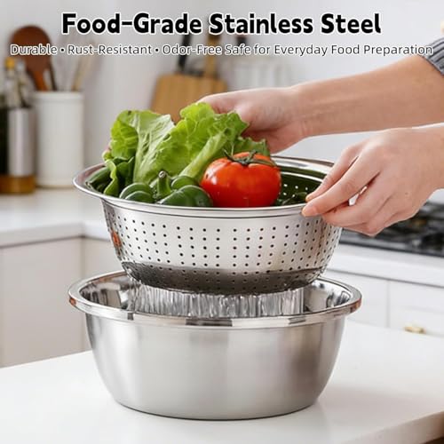 Germany Multifunctional Stainless Steel Basin - 2026 New 3-in-1 Grater Strainer and Drain Basket Set with Vegetable Slicer, 10.24 Inch for Kitchen Rinsing Draining Mixing