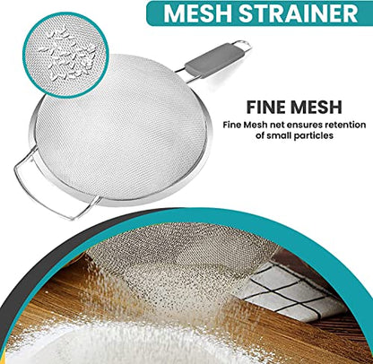 9" Large Extra Fine Mesh Strainer with Thermo Plastic Rubber Handle - Sieve Fine Mesh Stainless Steel - Ideal to Strain Pasta, Quinoa and Rice - size: 9 inch