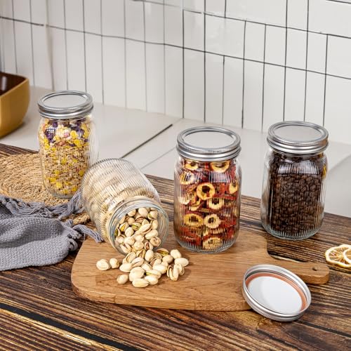 WELLIFE 6 Pcs Wide Mouth Mason Jars 32 OZ,Large Mason Jars for Food Storage, Overnight Oats,Honey,Sauces,Meal Prep,Salad,Yogurt - color: Clear Stripe Mason Jars 32oz-6Pcs